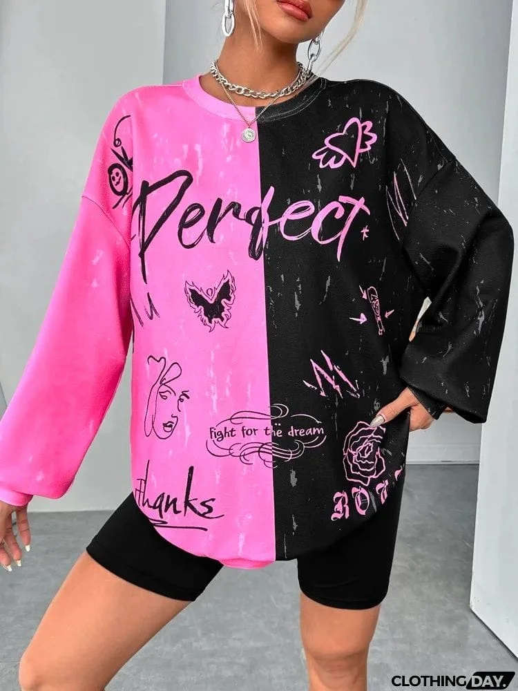 Loose Fluorescent Letter Graphic Two Tone Drop Shoulder Sweatshirt