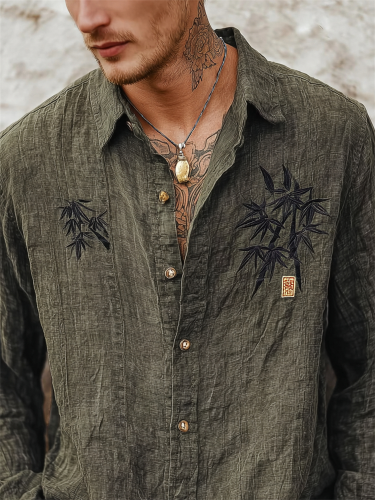 Men's Japanese Bamboo Embroidered Washed Linen Shirt  artssus