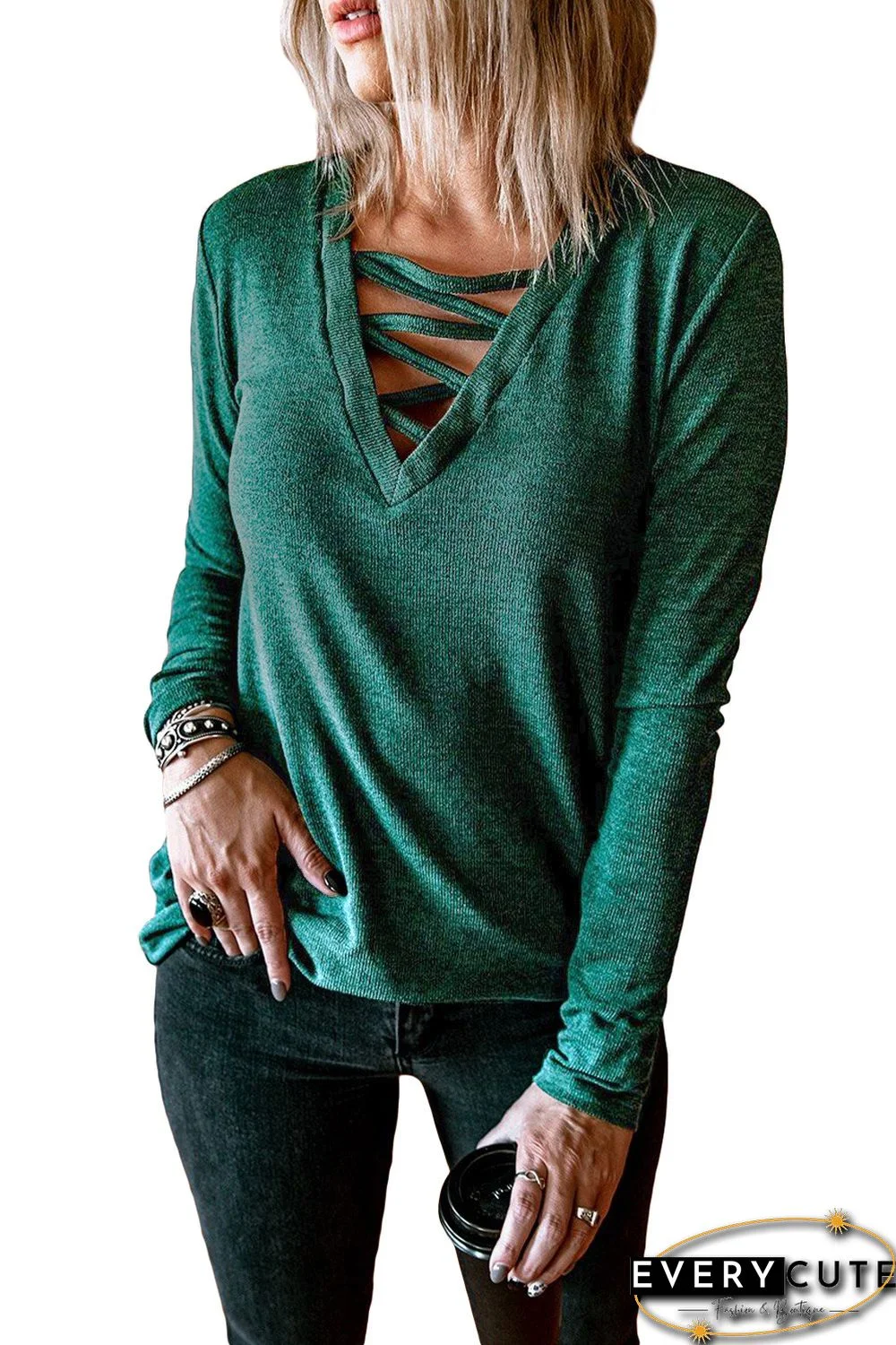 Criss Cross V Neck Long Sleeve Top