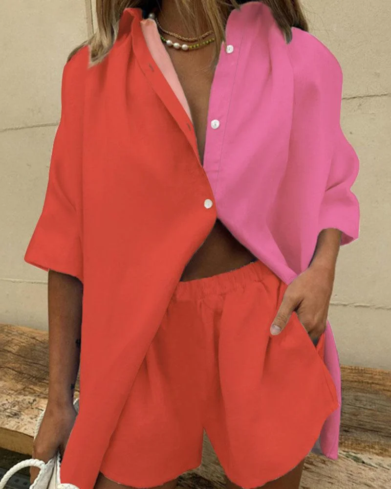 Color Blocked Short Sleeve Shorts Fashion Casual Suit