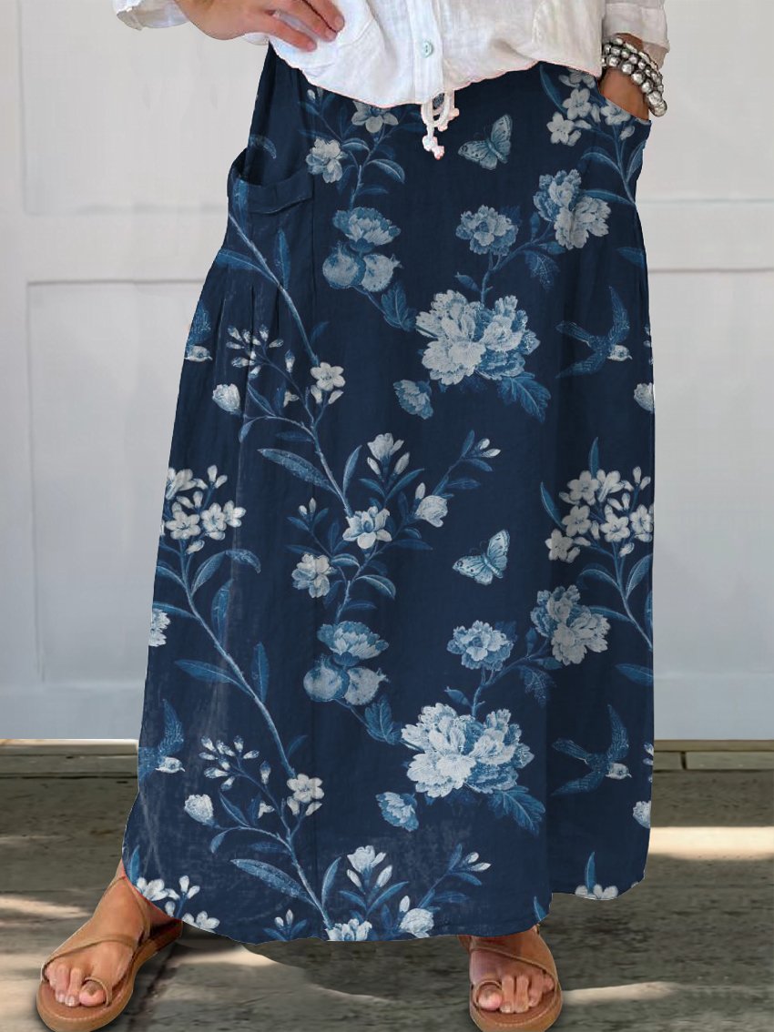 Blue Butterfly Flower Print Women's Linen Pocket Skirt