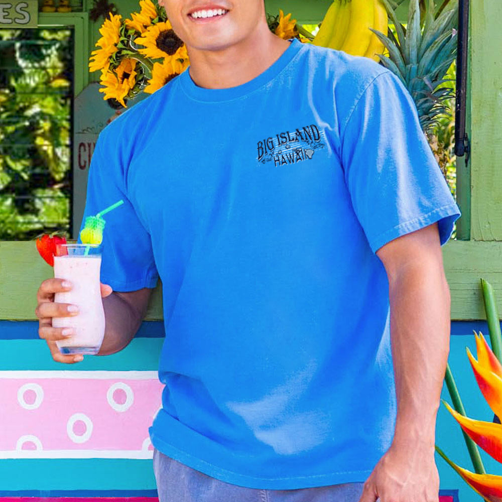  Vibrant Blue T-Shirt with Tropical Graphic for Summer Fun