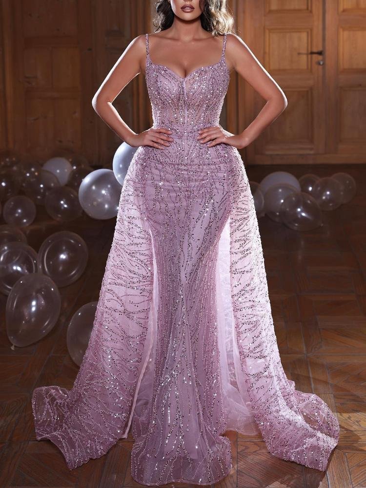 Promsstyle Promsstyle Glittering sequin spaghetti straps slim maxi slip dress uninclude flowy mesh yarn Prom Dress 2023