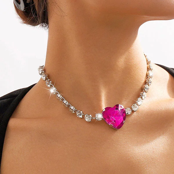 Heart-Shaped Glass Drill Girly Rhinestone Necklace
