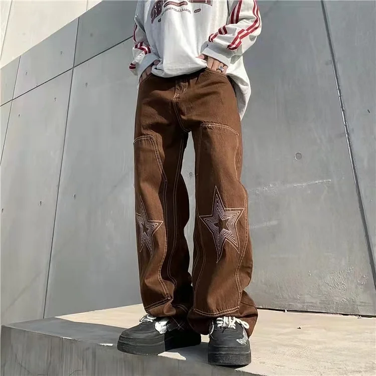 Letter Stars Embroidery Men's Retro Washed Oversized Streetwear Jeans Baggy Pants at Hiphopee