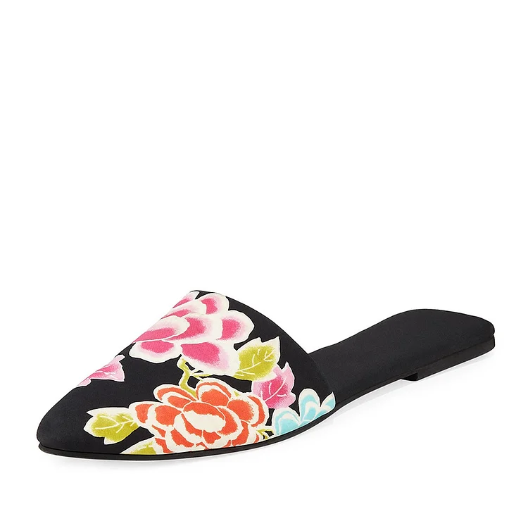 Black Vegan Suede Floral Flat Mules |FSJ Shoes