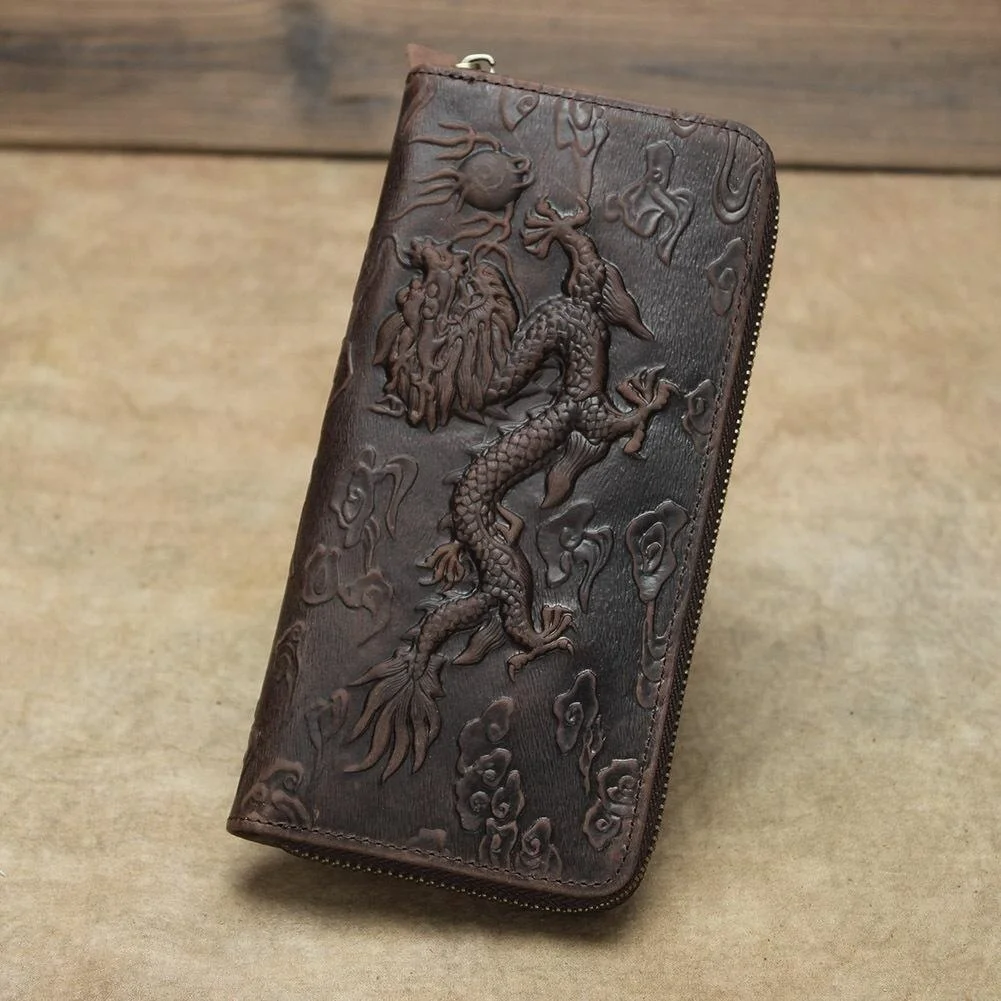 MOTAORA Chinese Style Creative Design Wallet Unisex Retro Embossed Wallets Dragon Pattern Long Men Card Holder Handmade Purse