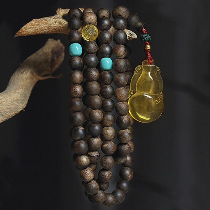 999 Gold 108 Mala Beads Nha Trang Agarwood Amber Turquoise Prayer Meditation Bracelet