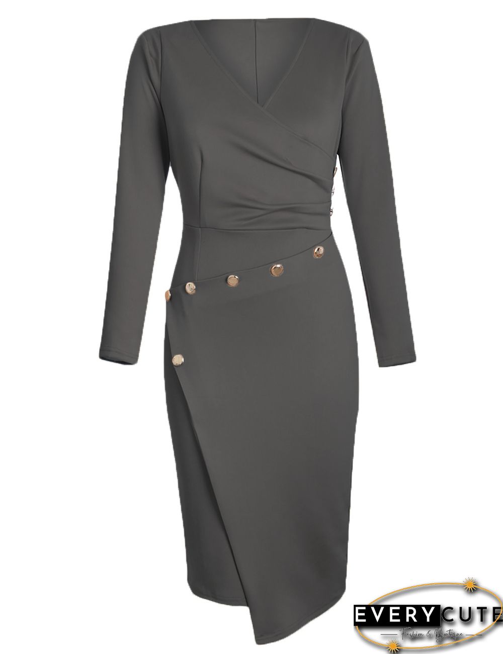Asymmetric Button Detail Cobalt Dark Gray Ruched Midi Dress