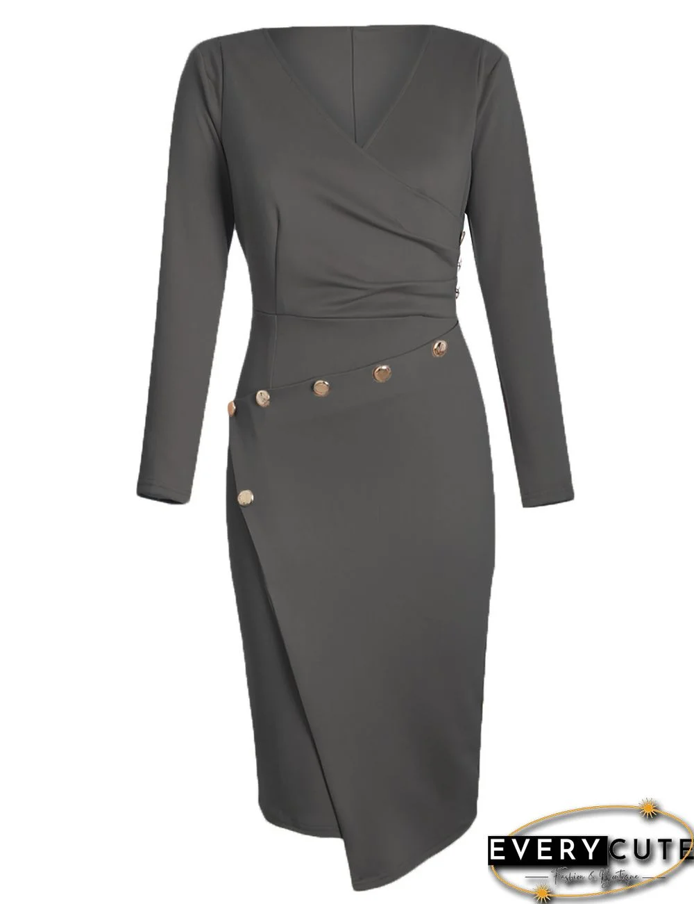 Asymmetric Button Detail Cobalt Dark Gray Ruched Midi Dress