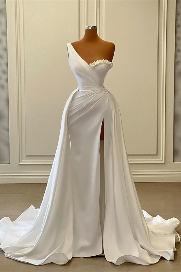 Elegant One Shoulder Mermaid Satin Wedding Dress Slit Overskirt With Pearls - lulusllly