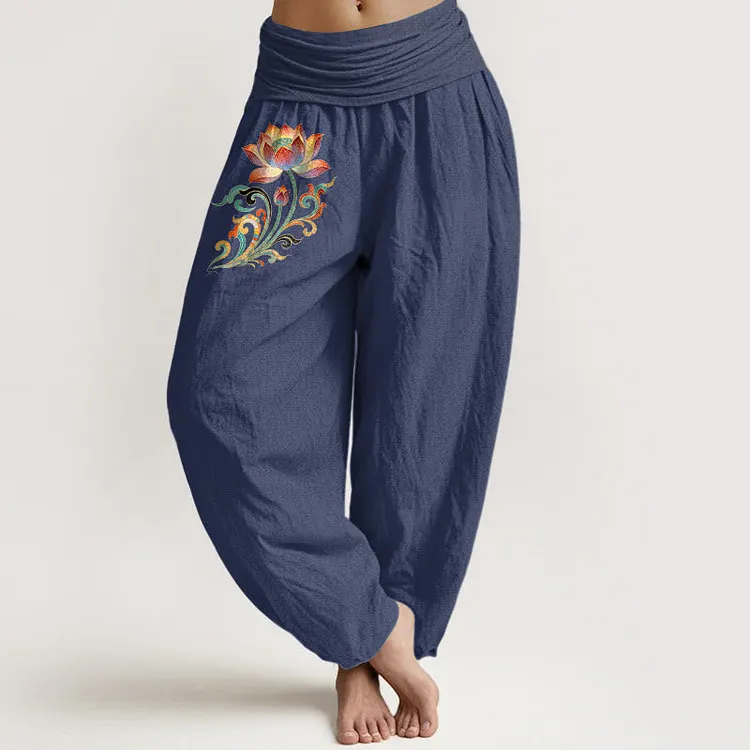 Cotton Colorful Lotus Flower Pattern Women's Elastic Waist Harem Pants