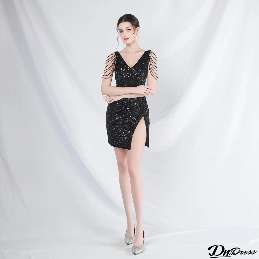 Elegant luxury sequin v-neck Short Party Dresses