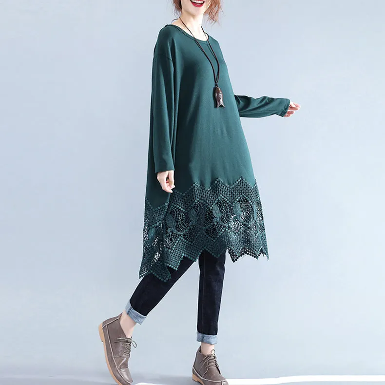 New blackish green cotton shift dress plussize cotton clothing dresses vintage lace ruffles long sleeve cotton dresses