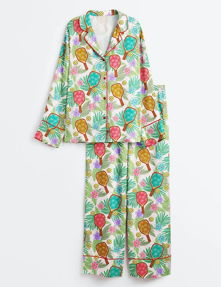 Women&rsquo;s Tropical Pickleball Fun Vibrant Floral Game Day Sports Long Sleeve Satin Pajama Set