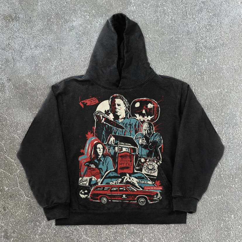 Vintage Street Print Loose Long Sleeve Hoodie