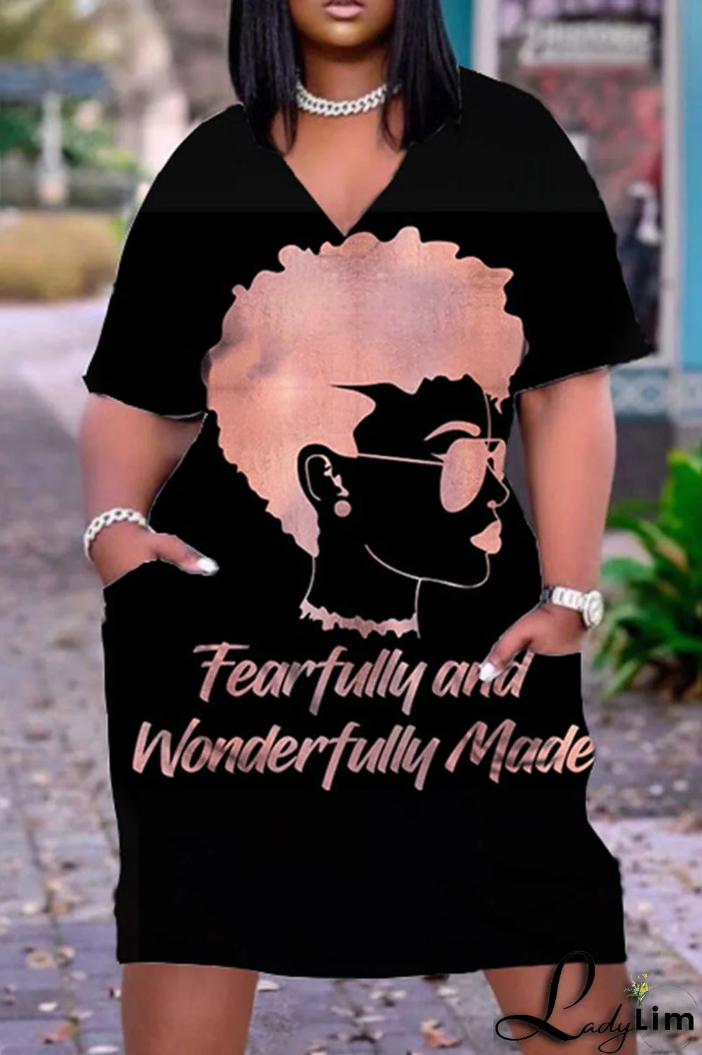 Brown Casual Print Pocket V Neck Straight Dresses