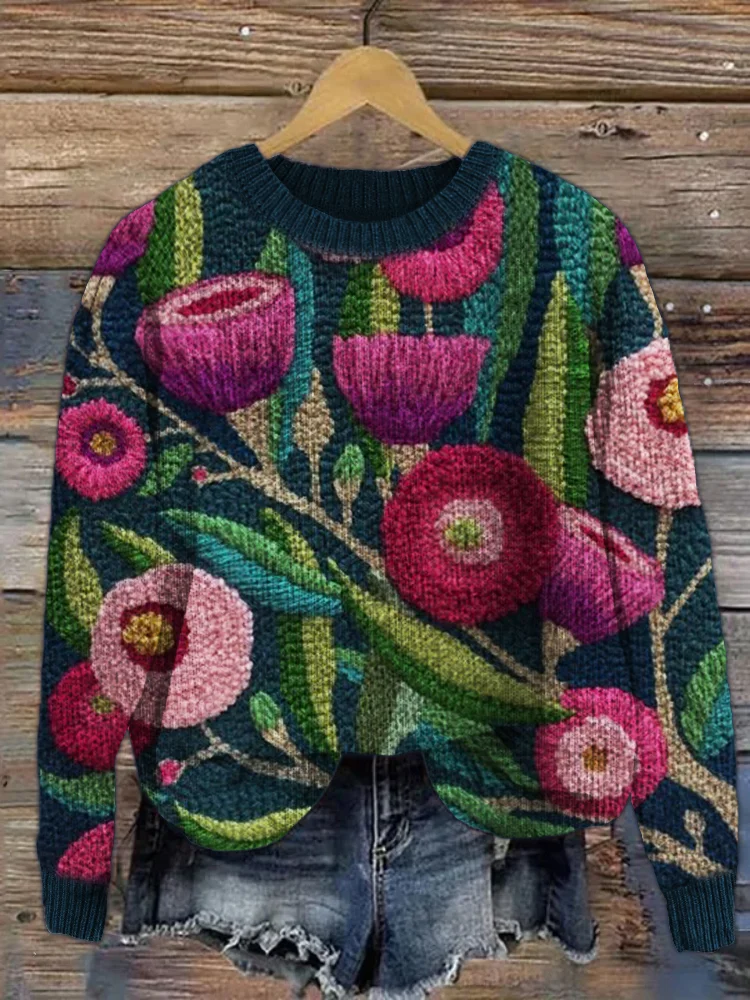 Forest Floral Art Cozy Knit Sweater