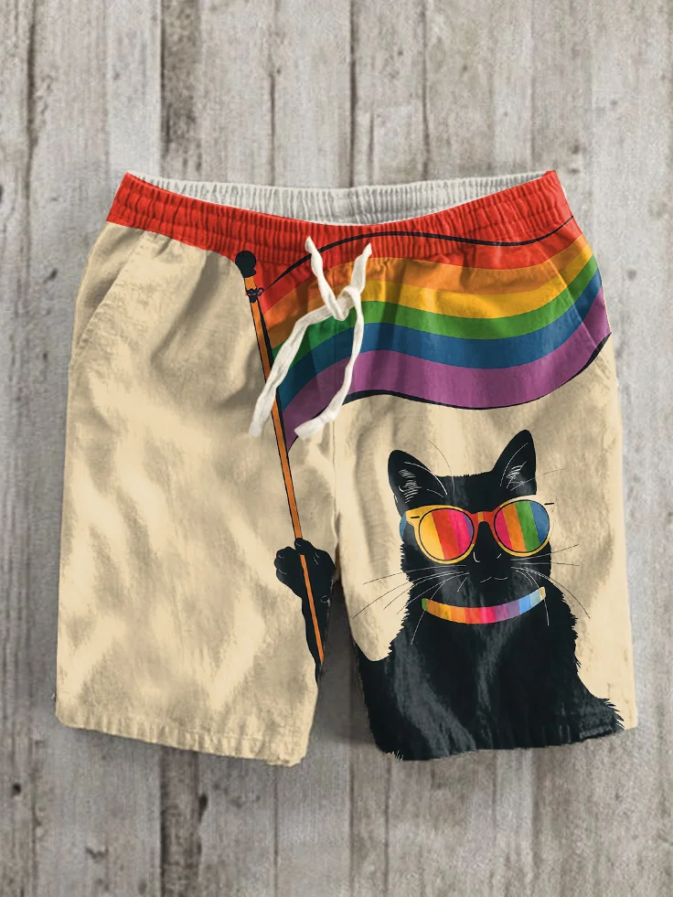 Men's Black Cat Pride Love Is Love Print Casual Shorts