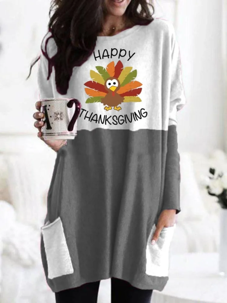 VChics Happy Thanksgiving Turkey Colorblock Pocket Tunic