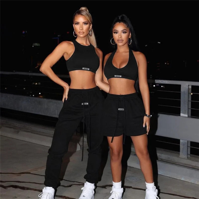 Two Piece Set Women Sporty  Active Halter Vest Crop Tops+Drawstring Sweatpants Matching Outfit Casual Concise Tracksuit