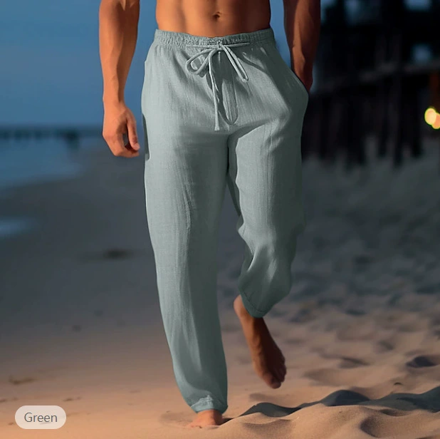 Men's Casual Solid Color Cotton And Linen Comfortable Vacation Trousers