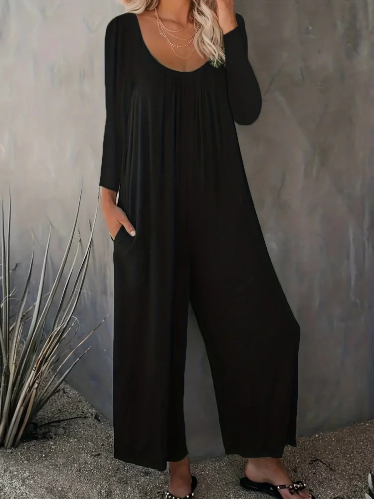 Versatile and Stylish Solid Crew Neck Wide Leg Jumpsuit