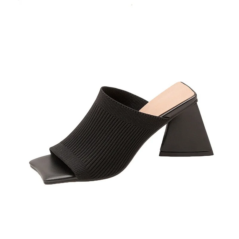 2022 Summer Thick Heel Middle Heel Sandals Stretch Knit Beige Yellow Women's Shoes Plus Size Slippers Sexy Fashion Women