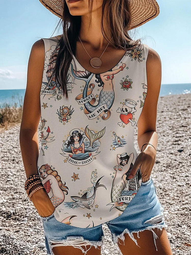 Women's Mermaid Vacation Art Print Casual Tank Top
