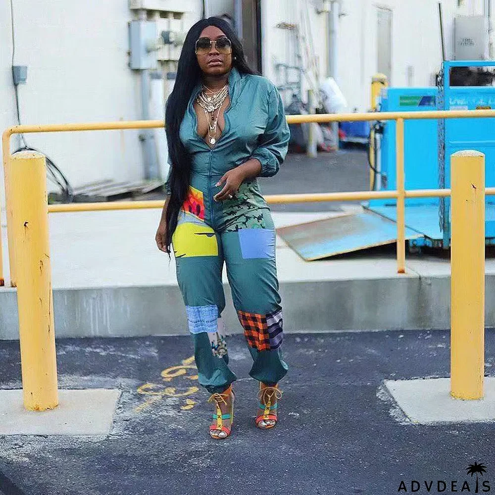 Fashion Casual Cute Positioning Print Zipper Jumpsuit