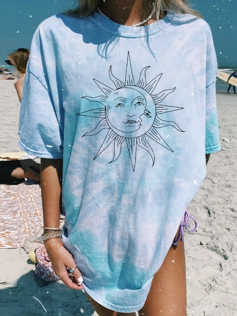 Tie Dye Sun Moon Print Casual Long T-shirt