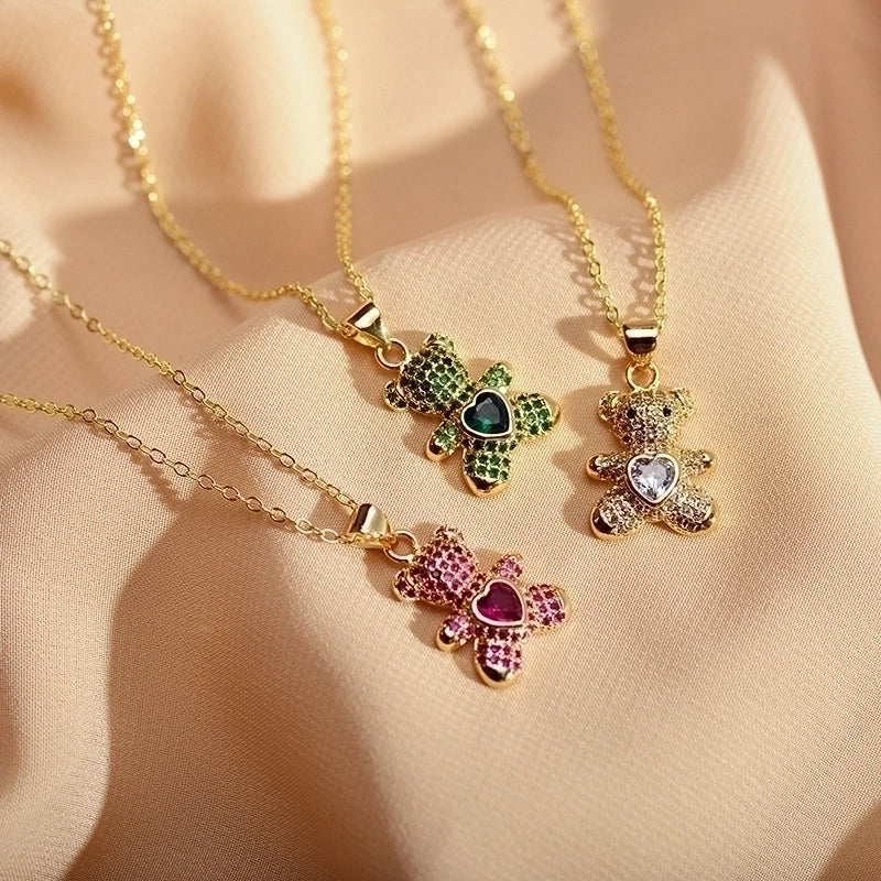 Cute Little Bear Copper Plating Inlay Zircon Pendant Necklace