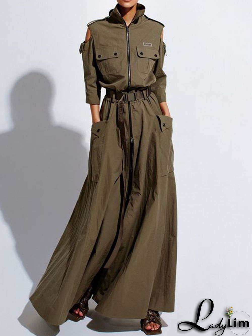 Casual Zipper Cold Shoulder High Cut Maxi Dress