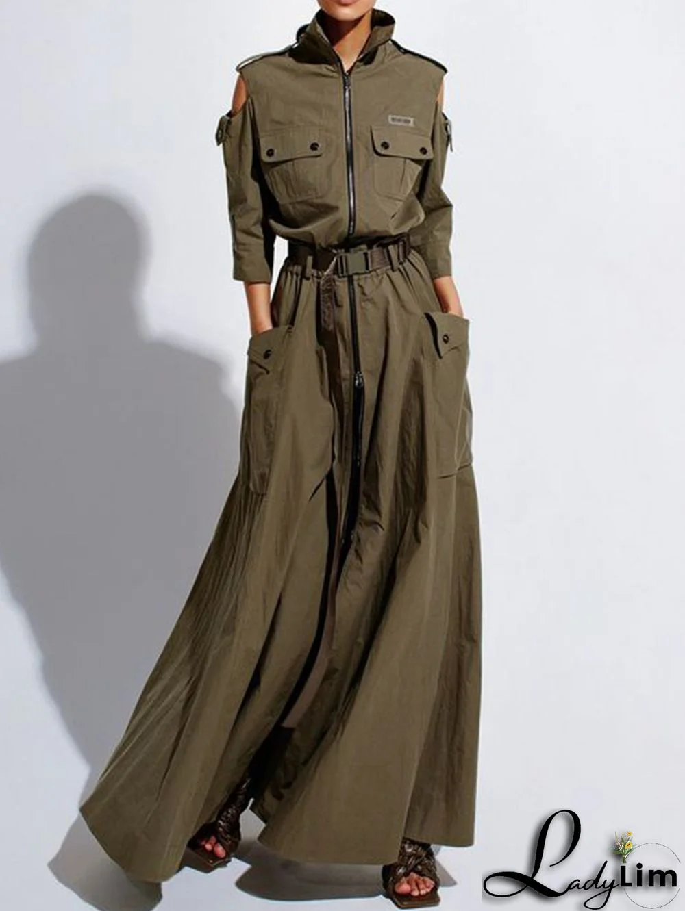 Casual Zipper Cold Shoulder High Cut Maxi Dress