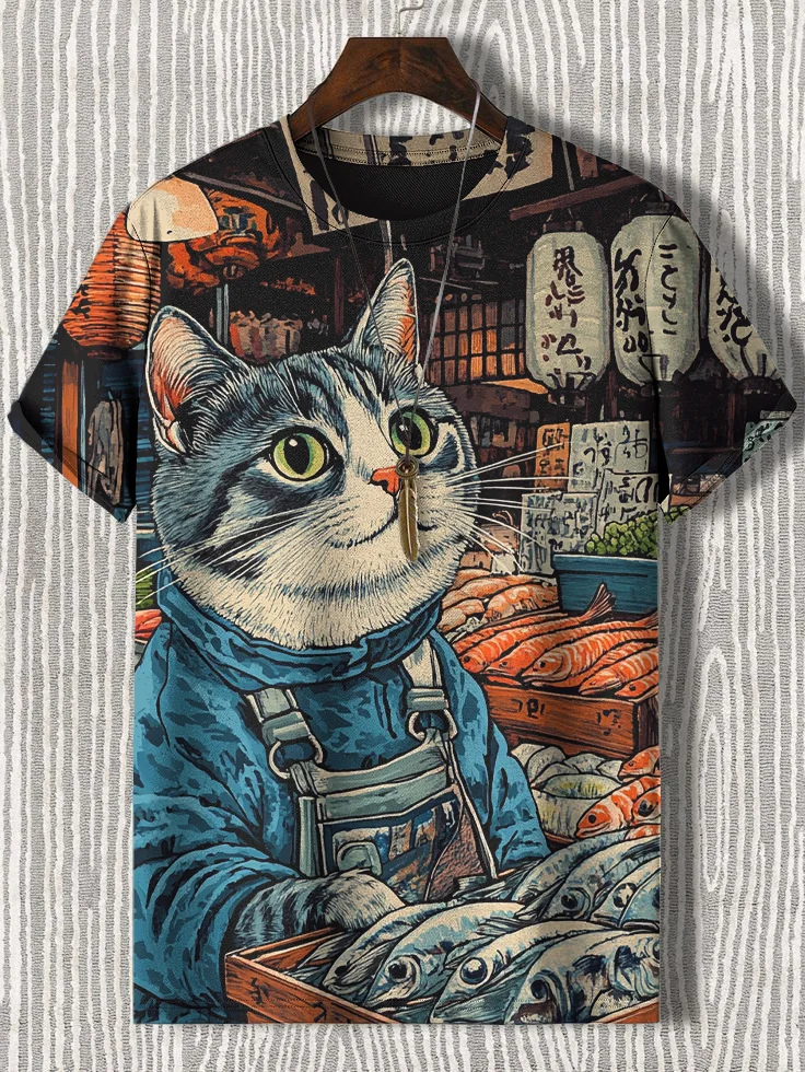 Men's Cat Selling Fish Japanese Art Print Casual T-Shirt