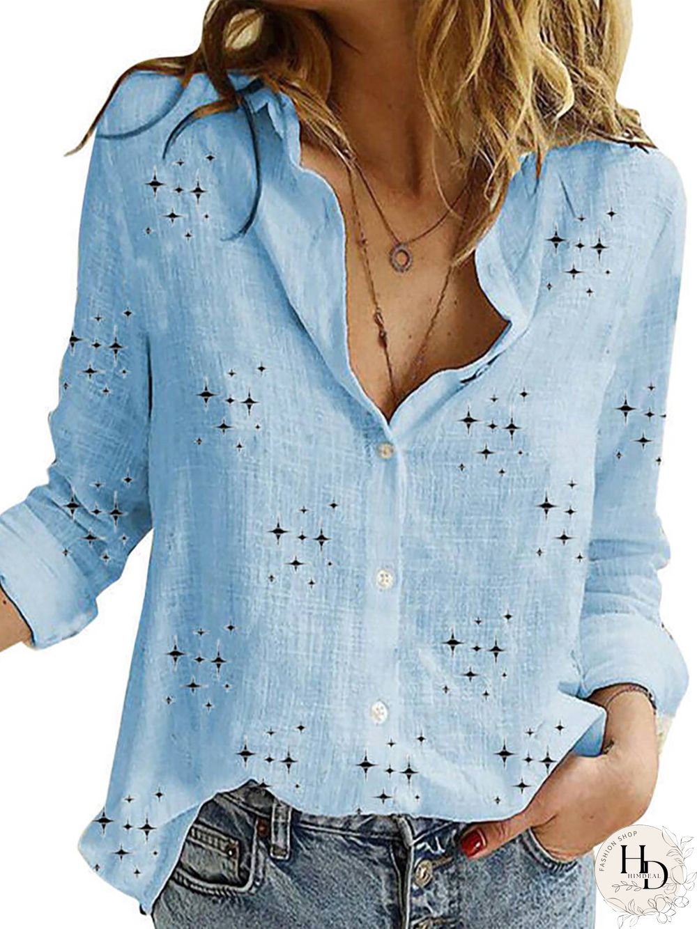 Casual Star Printed Log Sleeves Blouse