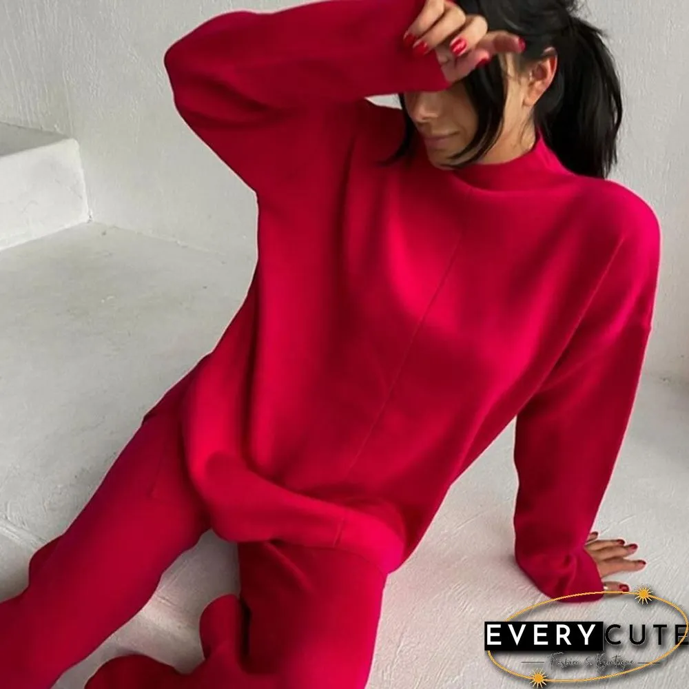 Winter Women Long Sleeve Loose Casual Sweater Knit Top Trousers Set High Neck Solid Color