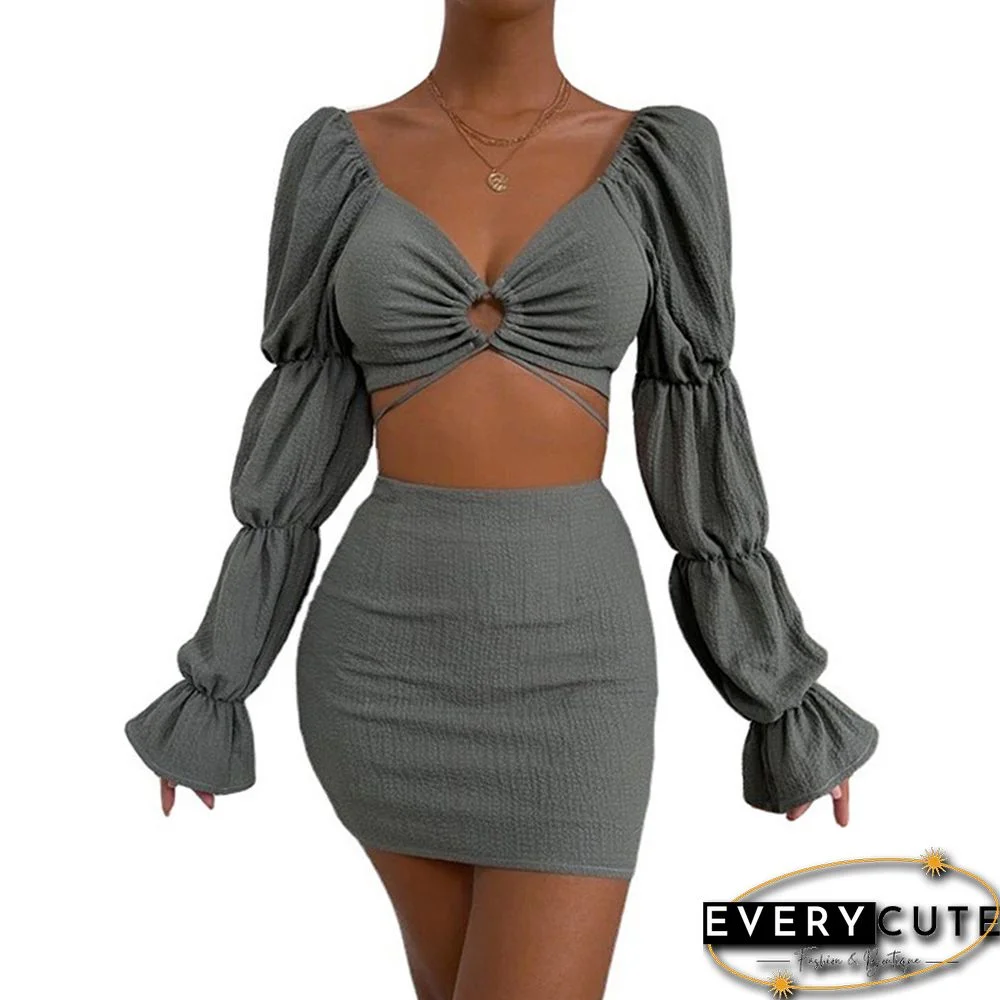 Gray Hollow-out V Neck Crop Top and Skirts 2pcs Set