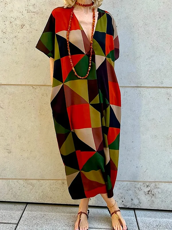Urban Geometric Stamped V-Neck Batwing Sleeves Midi Dress
