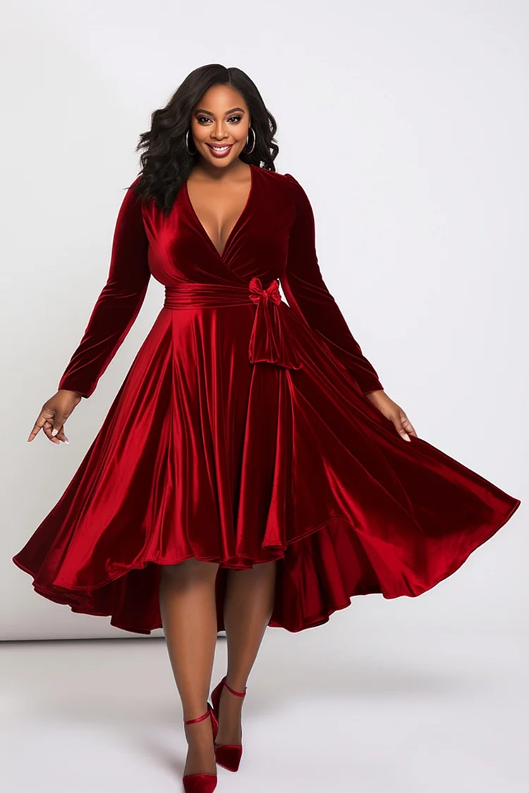 Xpluswear Design Plus Size Cocktail Party Burgundy Wrap Neck Long Sleeve Wrap Pocket Velvet Midi Dresses Xpluswear