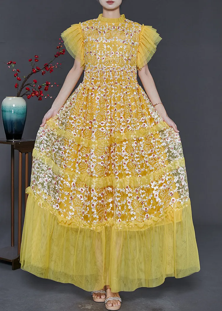 French Yellow Embroidered Patchwork Tulle Holiday Dress Summer