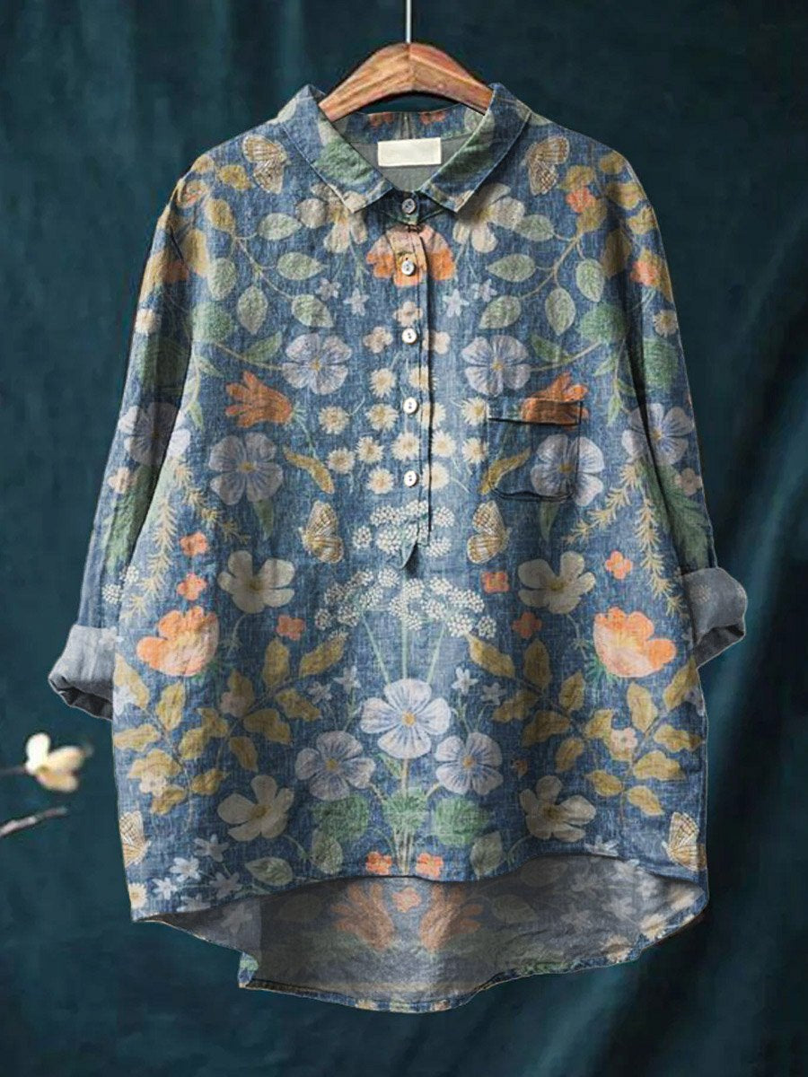 Vintage Lovely Floral Art Print Casual Cotton And Linen Shirt Multicolor / S
