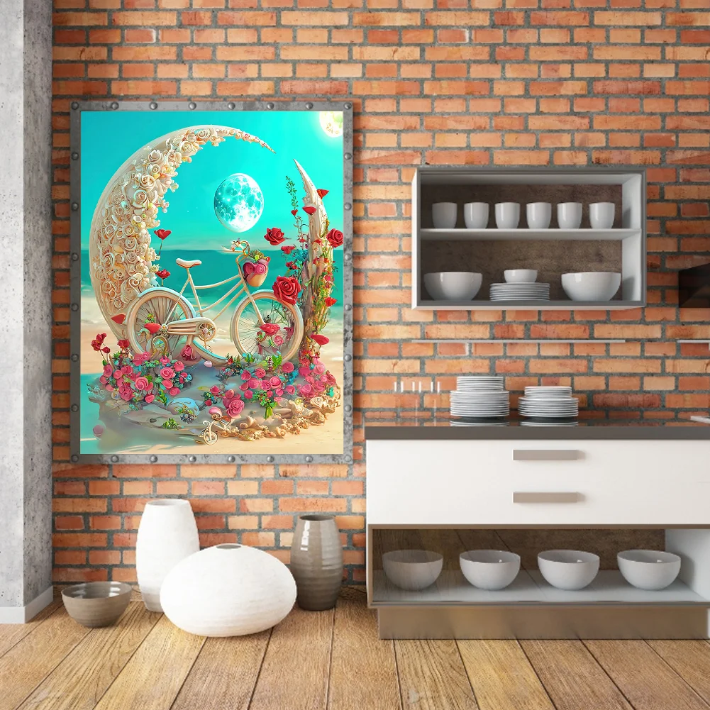 Full Round Diamond Painting 30*40cm - Beach Romantic Rose Bicycle