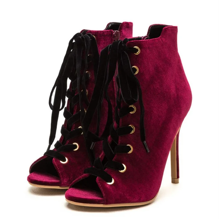 Burgundy Velvet Lace Up Boots Peep Toe Stiletto Heels Ankle Boots |FSJ Shoes