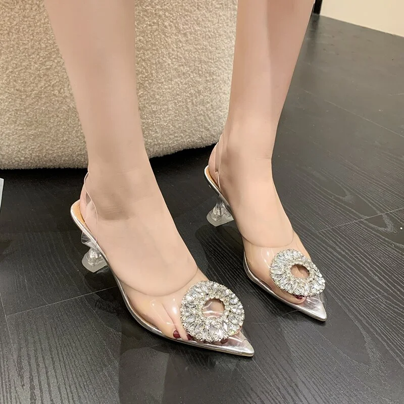 Qengg 2022 Summer Pointed Toe Women's Shoes Transparent High-heeled Rhinestones Including Transparent Finish Mules Open Toe Shoes