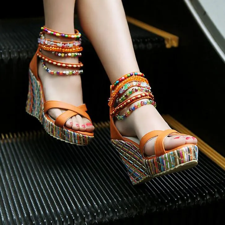 VCSHOES Platform Wedge Embellished High Heel Sandals