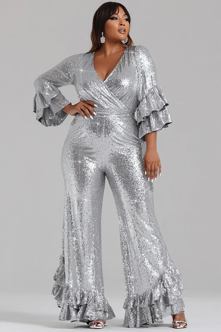 Xpluswear Design Plus Size Party Silver Wrap Neck 3/4 Sleeve Ruffle Vintage Tiered Sequin Jumpsuits 2024 - Xpluswear