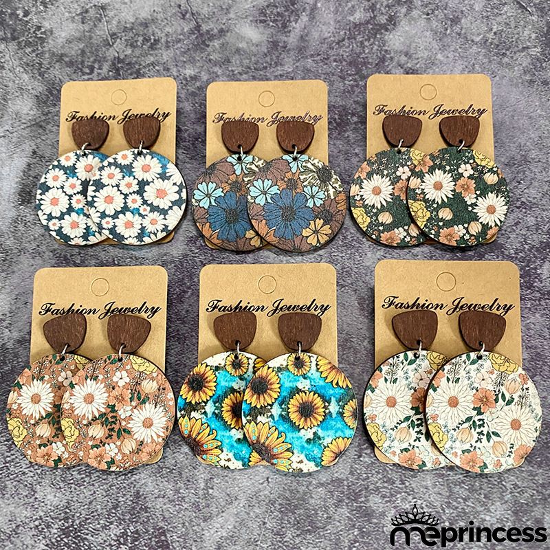Women Fashion Retro Bohemian Flower Stitching Wooden Earrings