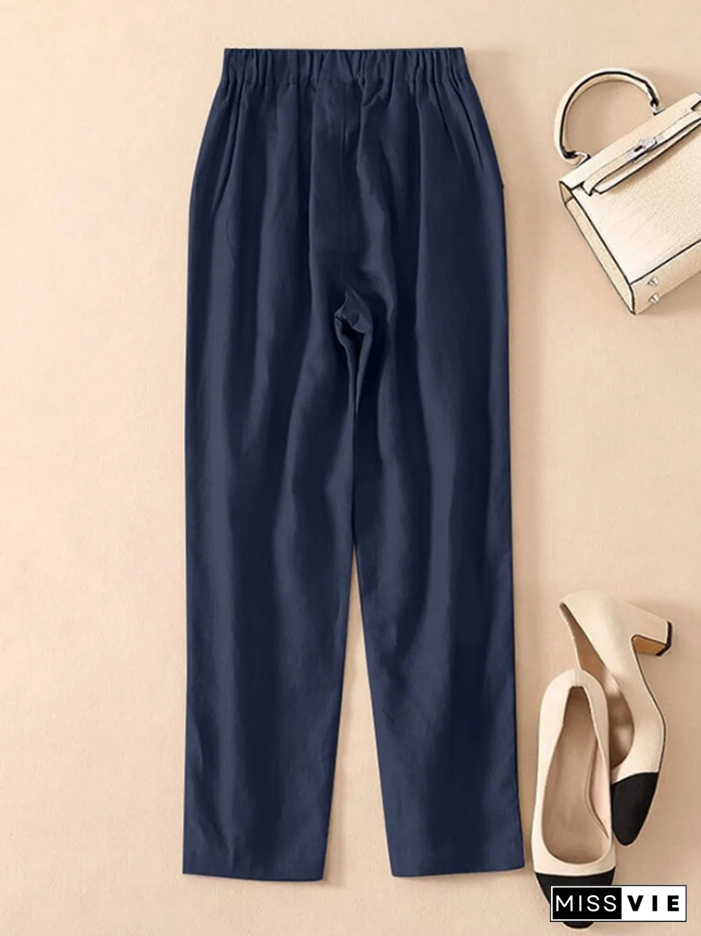 Solid Pocket Elastic Waist Casual Pants For Women
