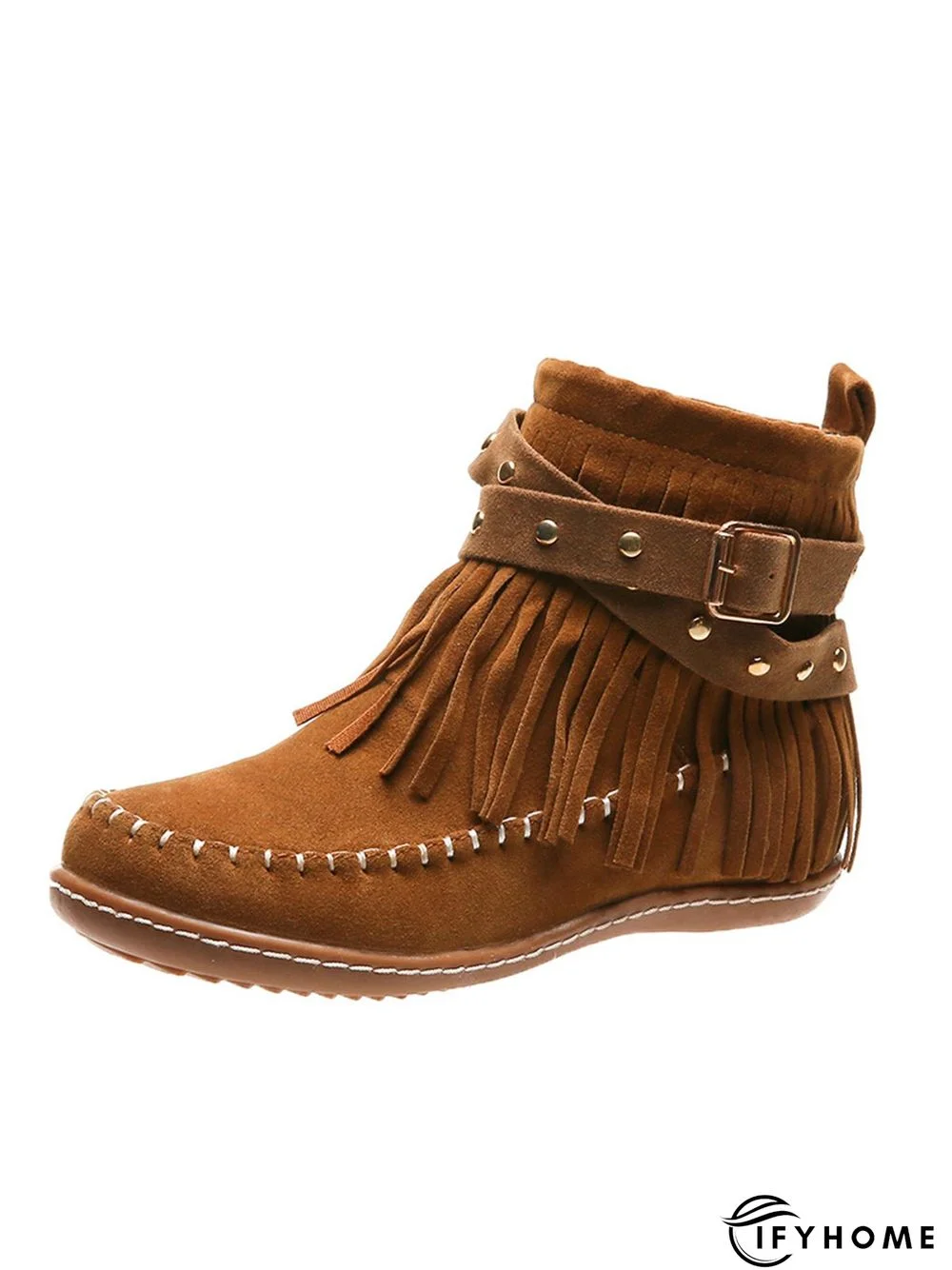Vintage Fringe Studded Flat Round Toe Buckle Booties | IFYHOME
